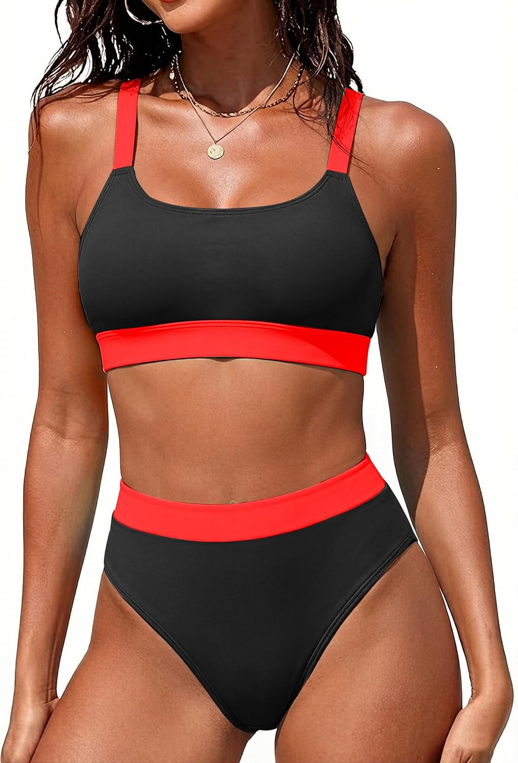 High-Waisted Color Block Bikini Set – Tummy Control 2-Piece Swimsuit