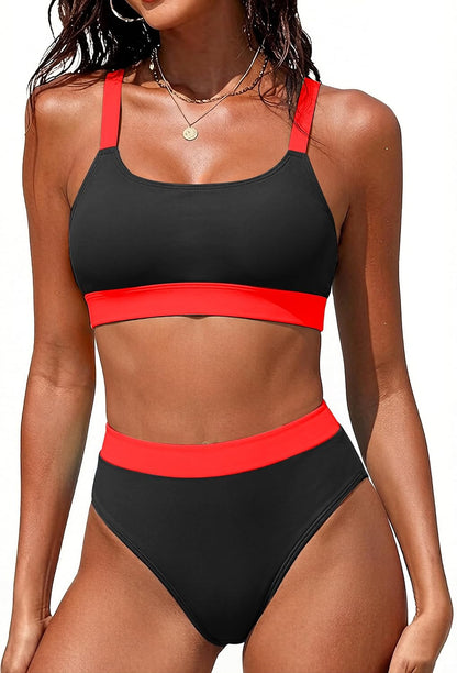 High-Waisted Color Block Bikini Set – Tummy Control 2-Piece Swimsuit