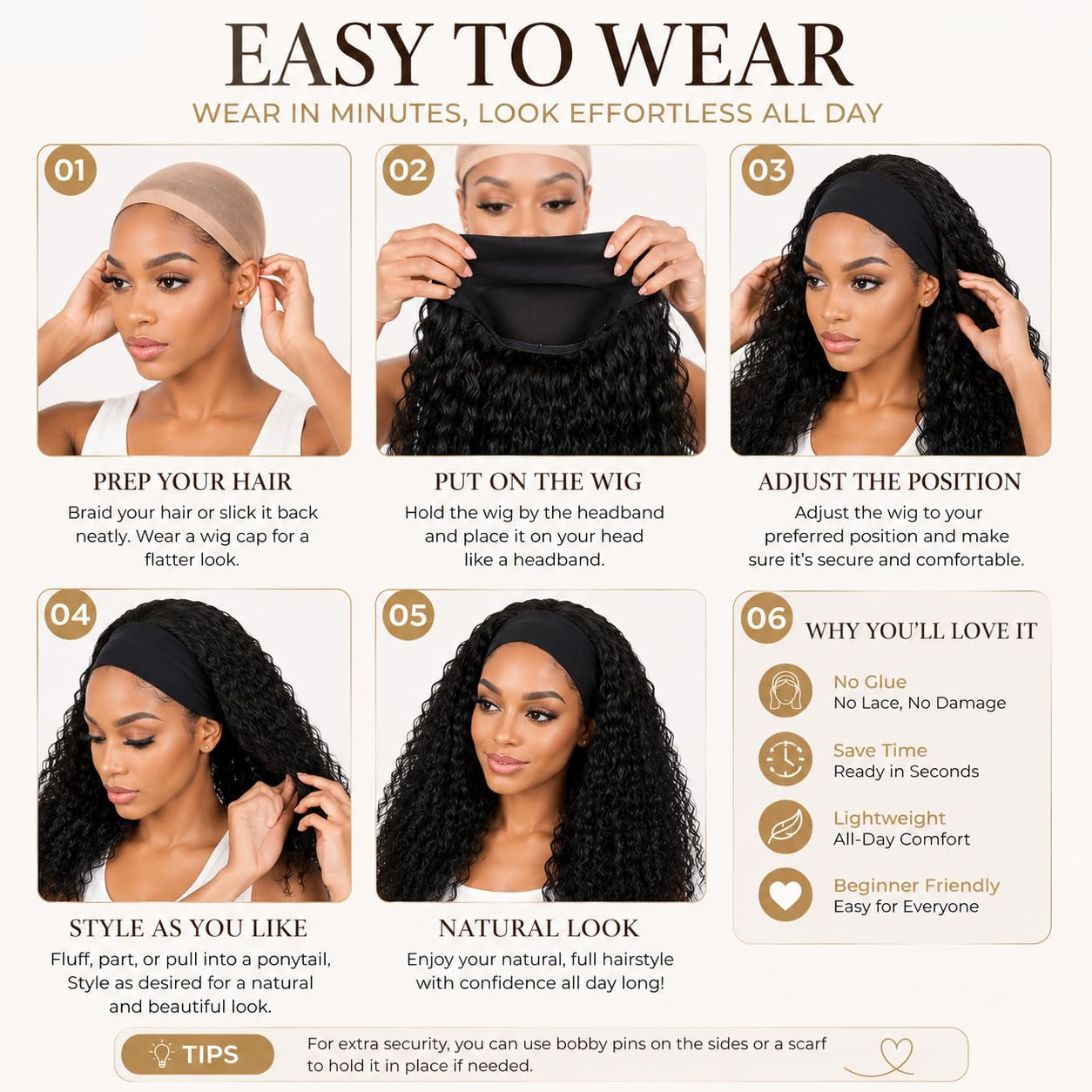 Long Curly Headband Wig – Glueless Synthetic Wig for Everyday Wear