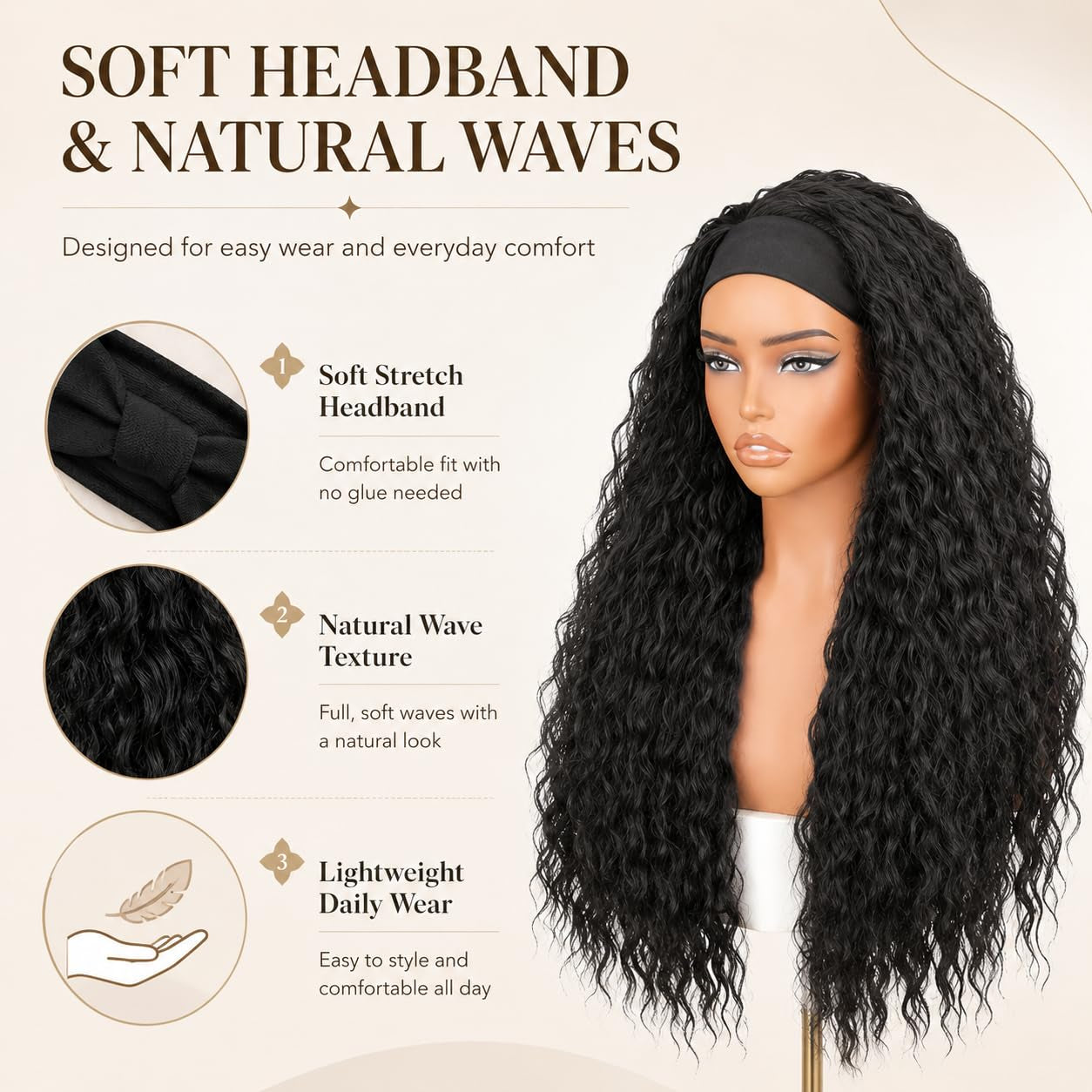 Long Curly Headband Wig – Glueless Synthetic Wig for Everyday Wear