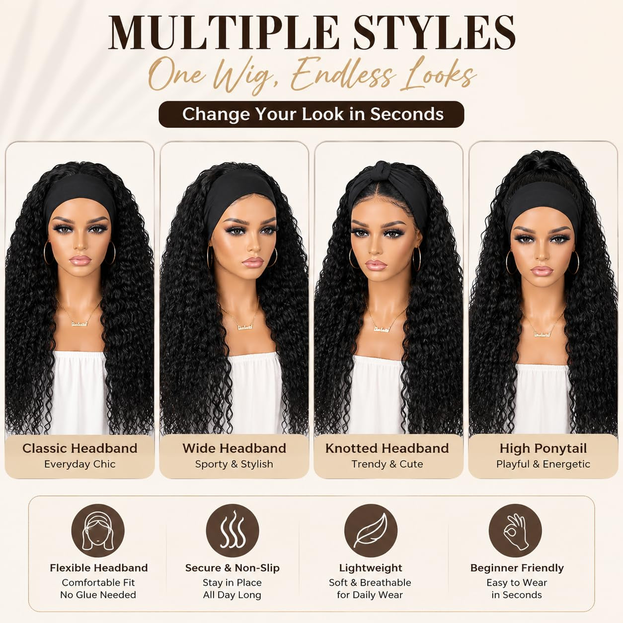 Long Curly Headband Wig – Glueless Synthetic Wig for Everyday Wear