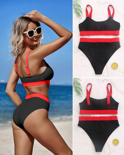 High-Waisted Color Block Bikini Set – Tummy Control 2-Piece Swimsuit