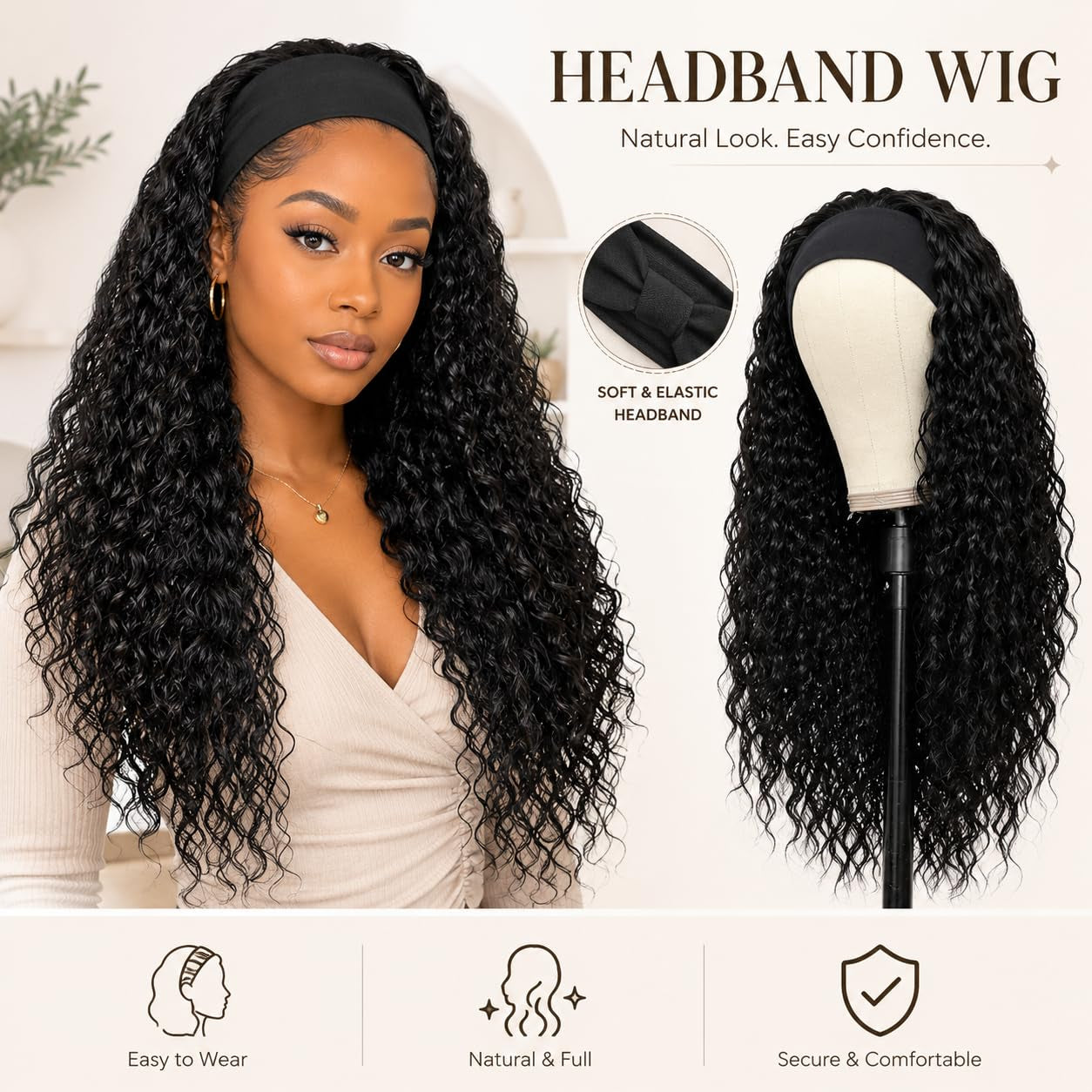 Long Curly Headband Wig – Glueless Synthetic Wig for Everyday Wear